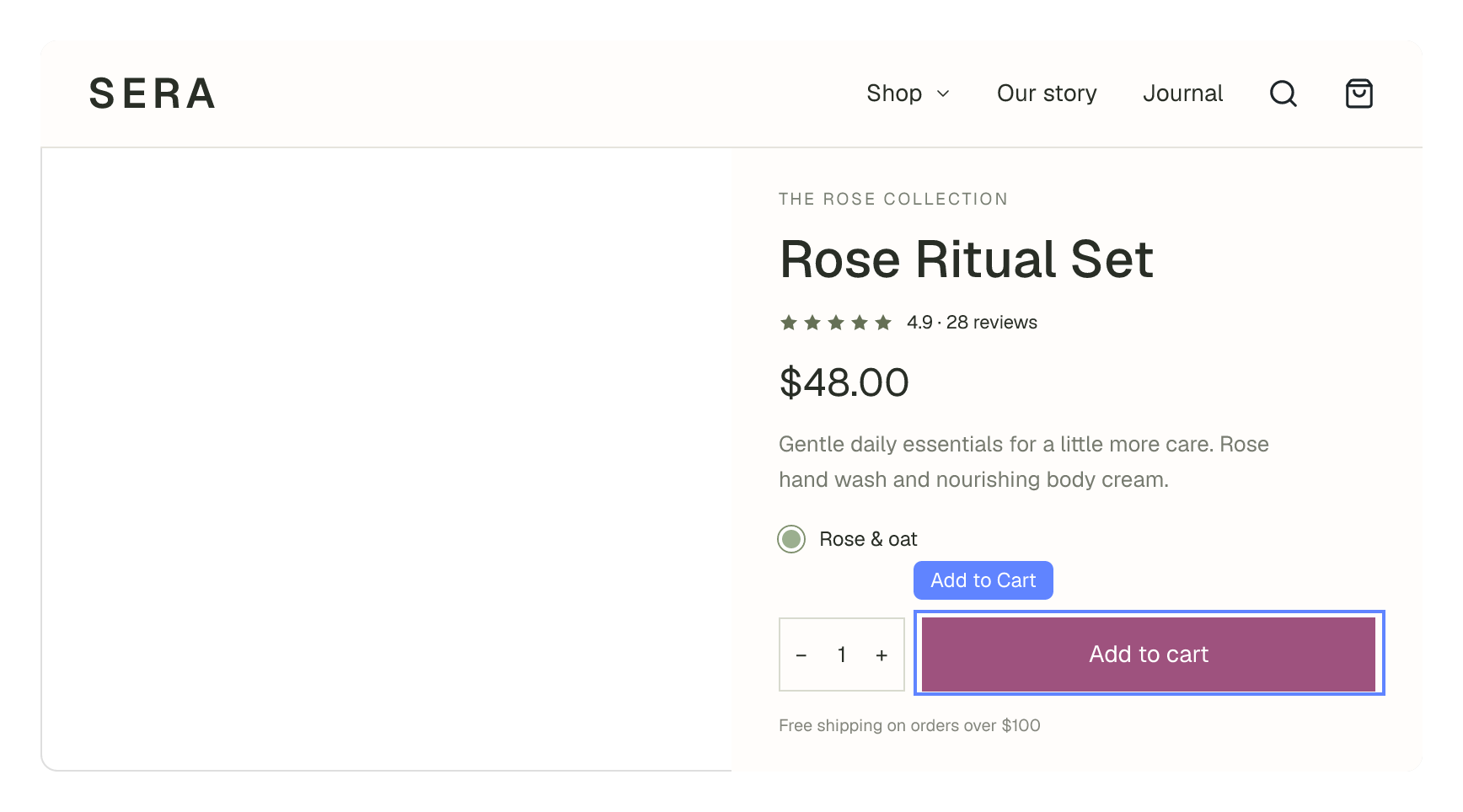 Product page editing preview with theme search and shopping bag icons and Add to Cart selected