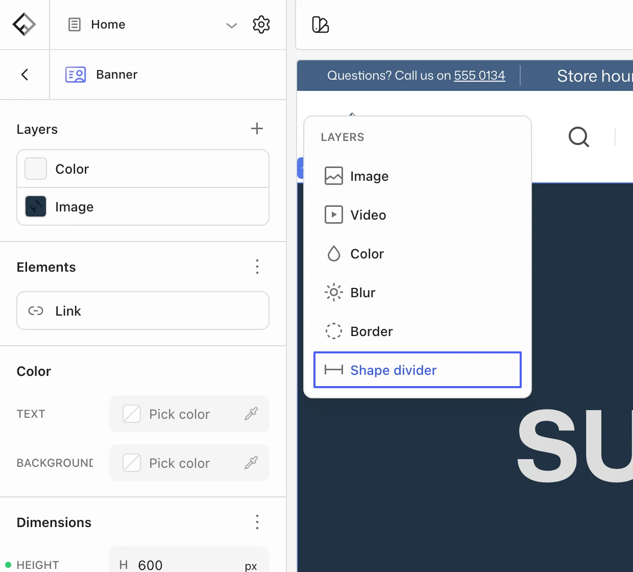 Add layer menu for a banner listing Image, Video, Color, Blur, Border, and Shape divider, with Shape divider highlighted