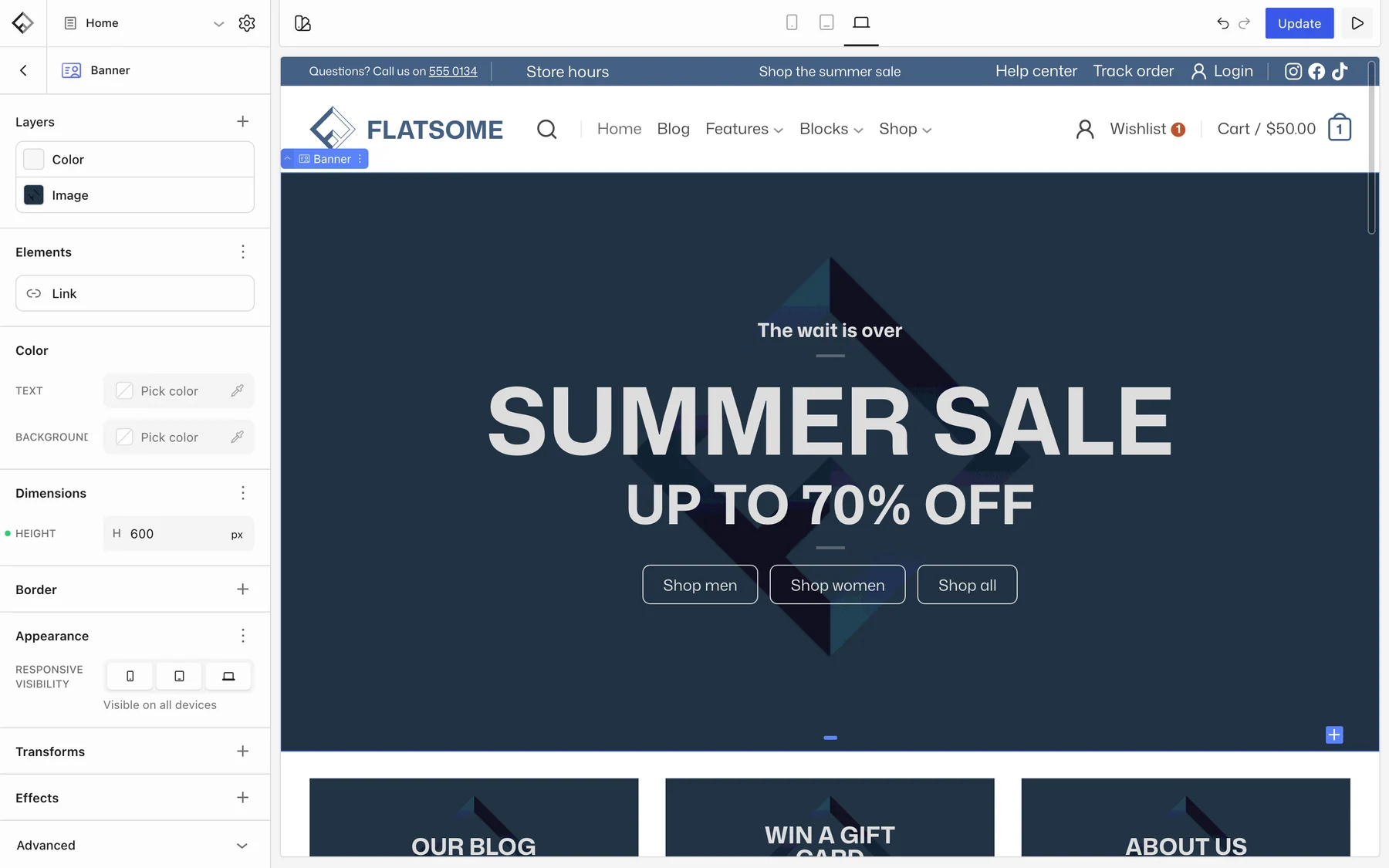 Summer sale banner selected in the Flatsome Builder with its settings open: Layers, Elements, Color, Dimensions, Border, Appearance, Transforms, Effects, and Advanced