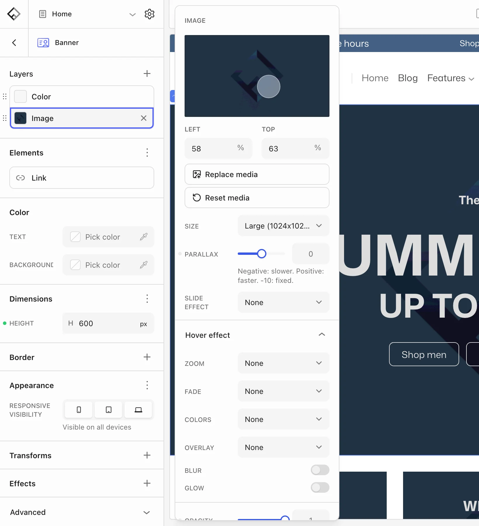 Banner Image layer settings with focal point, size, parallax, slide effect, and hover effect options