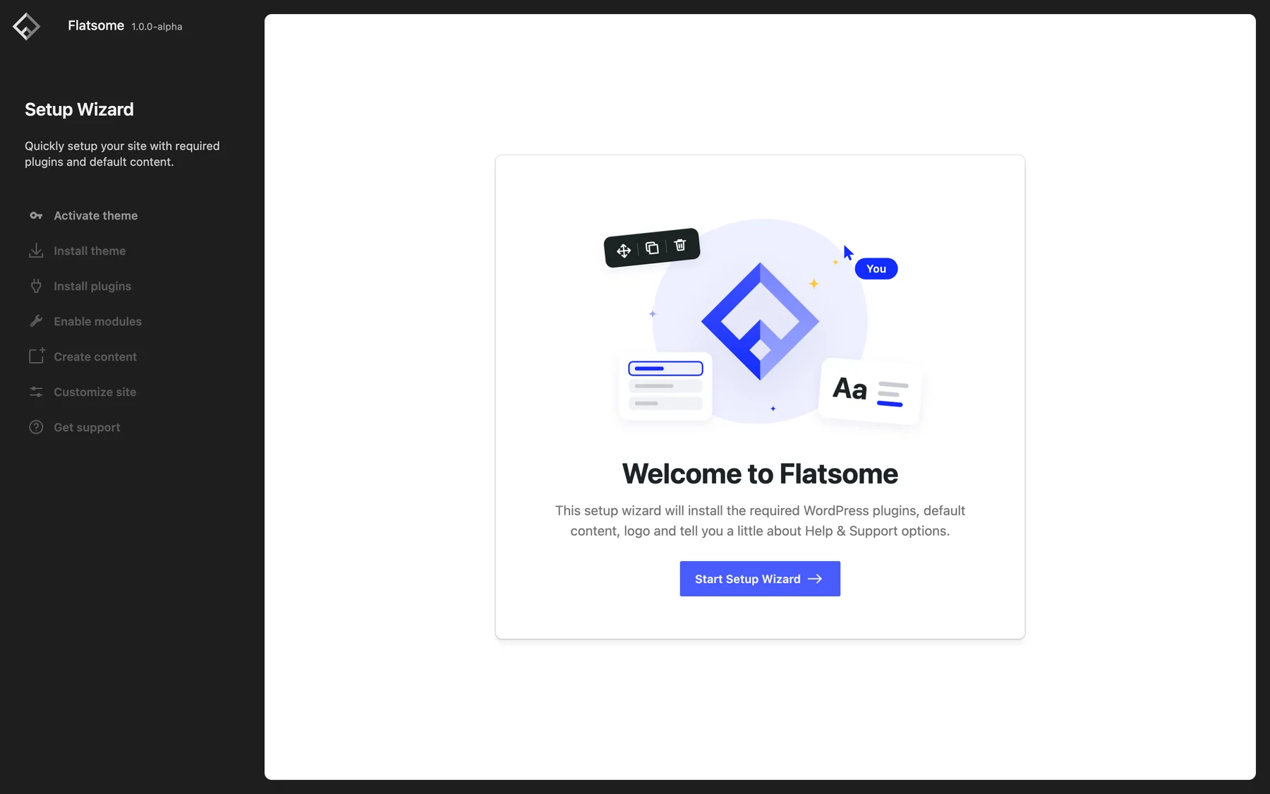 Flatsome setup wizard welcome screen with the Start Setup Wizard button and the list of steps