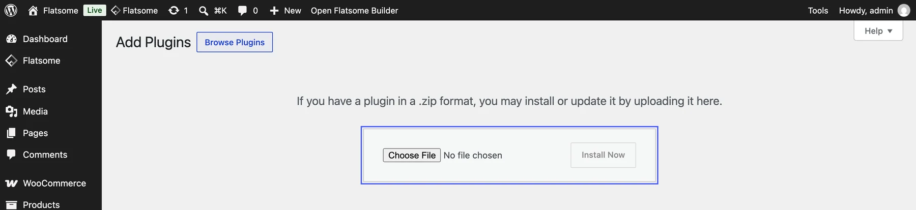 Add Plugins screen with the plugin upload form highlighted