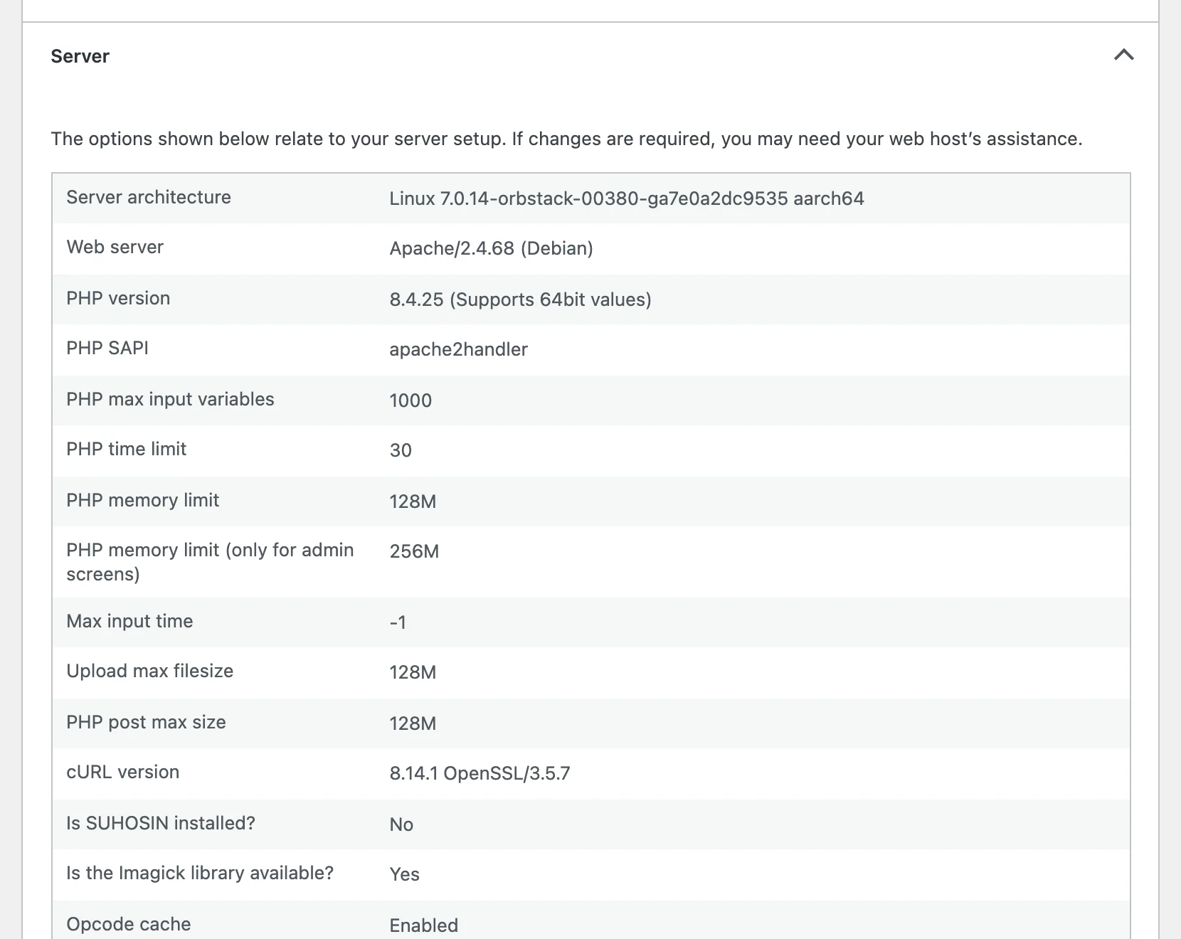 Site Health Info tab with the Server section expanded, listing PHP version, memory limit, time limit, max input variables, and upload sizes