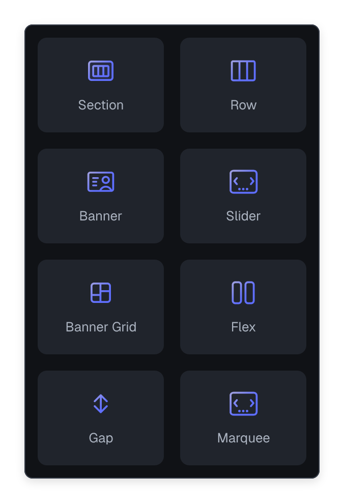 Flatsome block picker with Section, Row, Banner, Slider, Banner Grid, Flex, Gap and Marquee