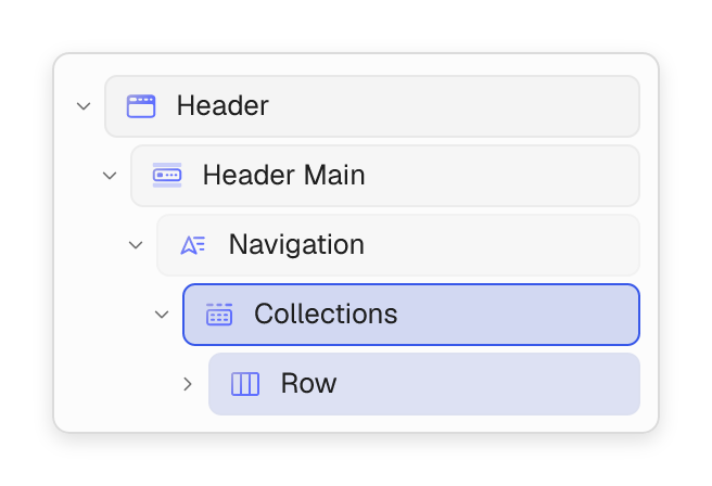 Header layer tree with the Collections mega menu selected