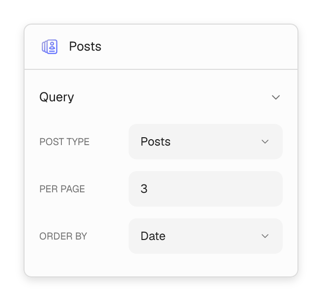 Posts query controls for post type, posts per page and ordering