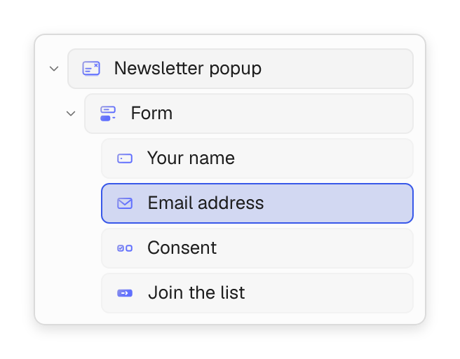 Newsletter popup and form layers with the email field selected