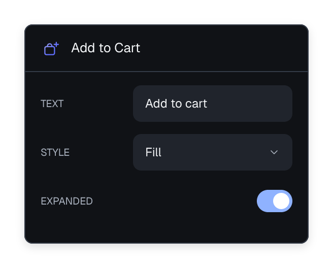 Add to Cart settings for text, button style and expanded width