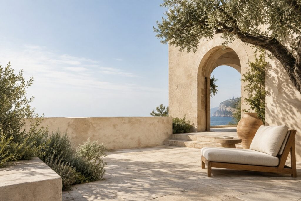 Sunlit limestone courtyard with an olive tree and an arched sea view