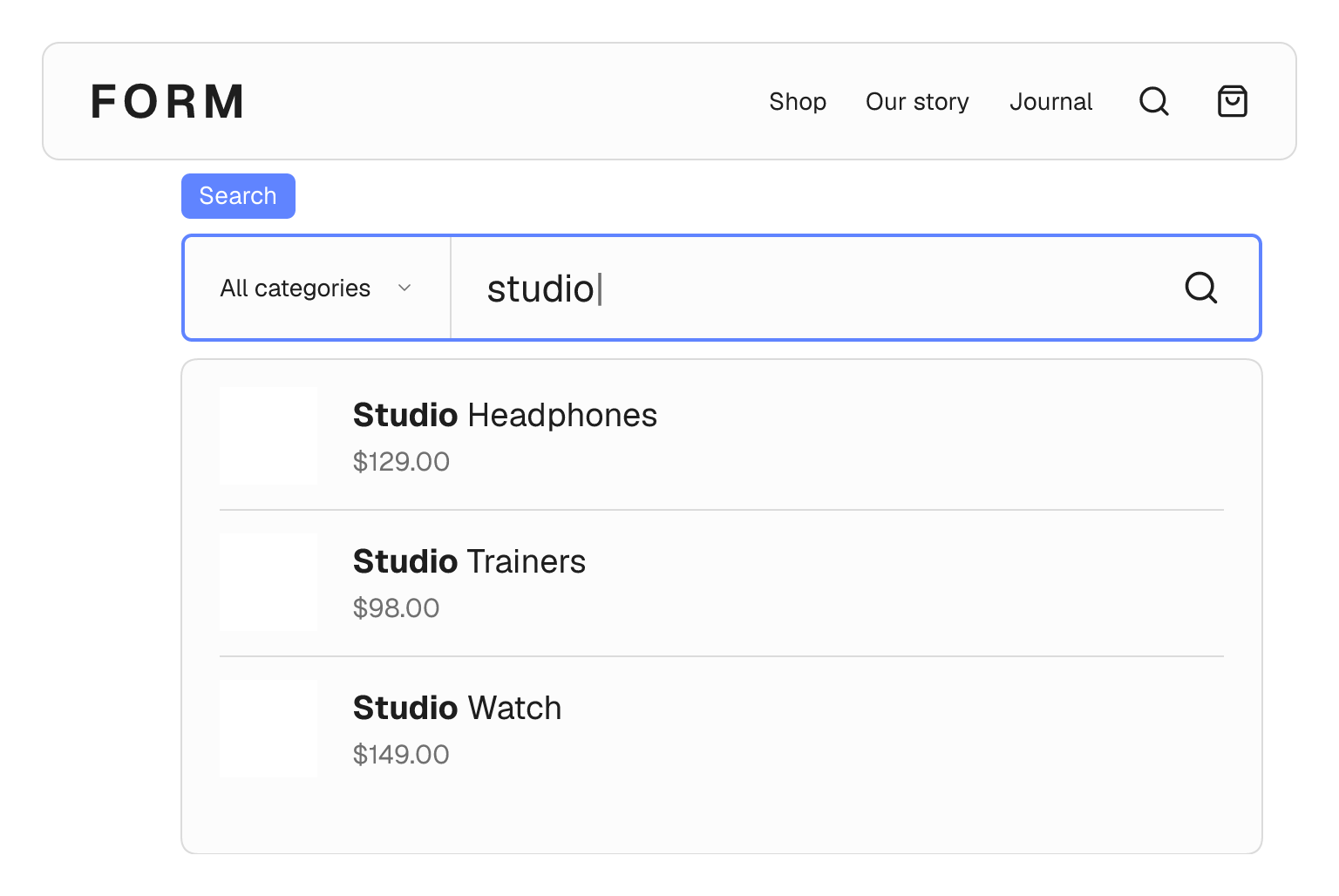 Example of live product search with category filtering, product photos and prices.
