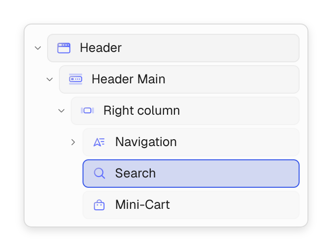 Header block structure with Search selected in the right column.