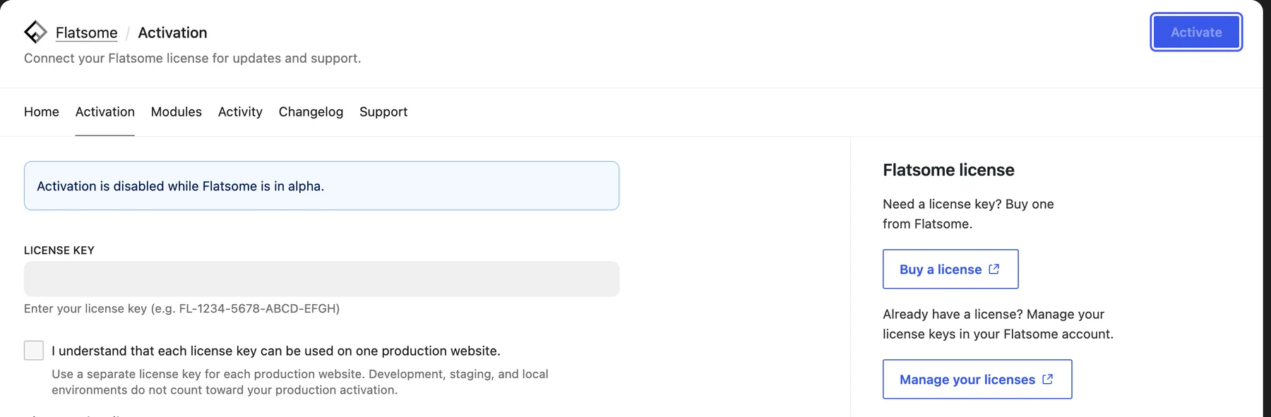 Activation screen header with the disabled Activate button highlighted, above the alpha notice, the License key field, and the confirmation checkbox