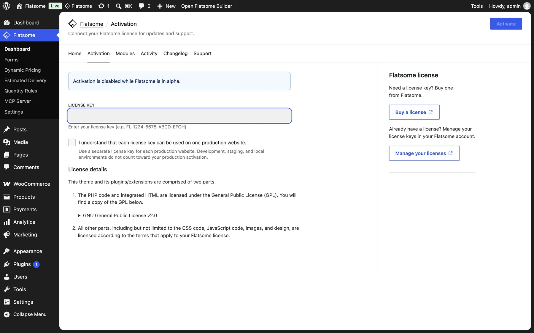 Flatsome Activation screen with an alpha notice above the empty License key field, which is highlighted