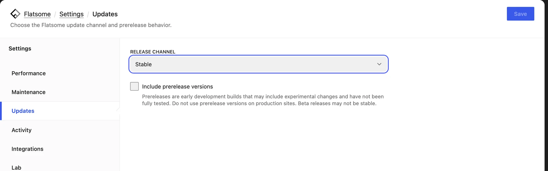 Flatsome Updates settings with the Release channel select highlighted and the Include prerelease versions checkbox below