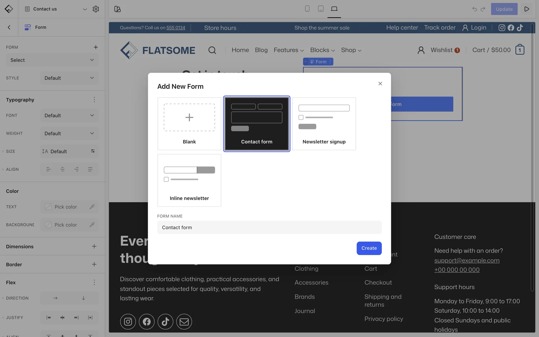 The Add New Form dialog in the Flatsome Builder with the Contact form template selected