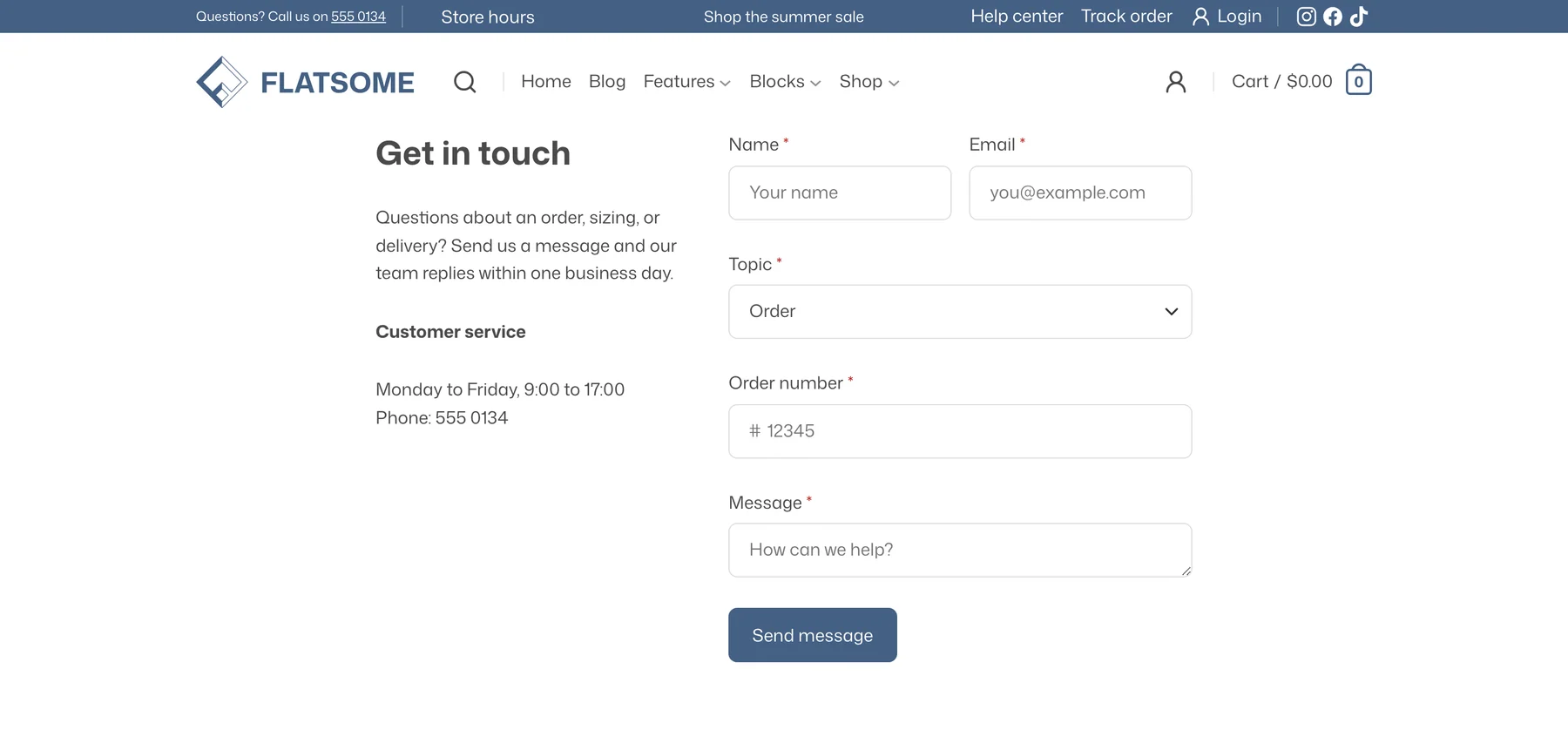 Contact page on the frontend with the contact form, showing the Order number field after Order is chosen as the topic