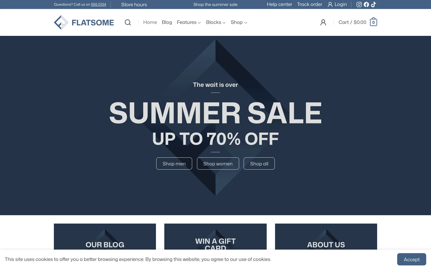 Storefront homepage with the default cookie notice bar along the bottom and its Accept button