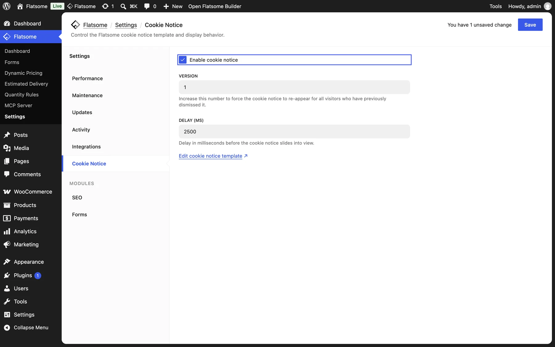 Flatsome Cookie Notice settings with Enable cookie notice checked and highlighted, above the Version and Delay (ms) fields
