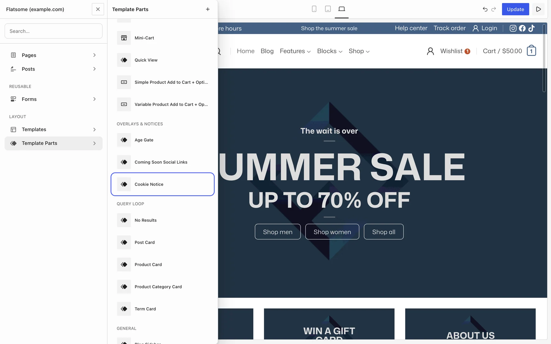 Flatsome Builder Template Parts panel with Cookie Notice highlighted under Overlays & Notices