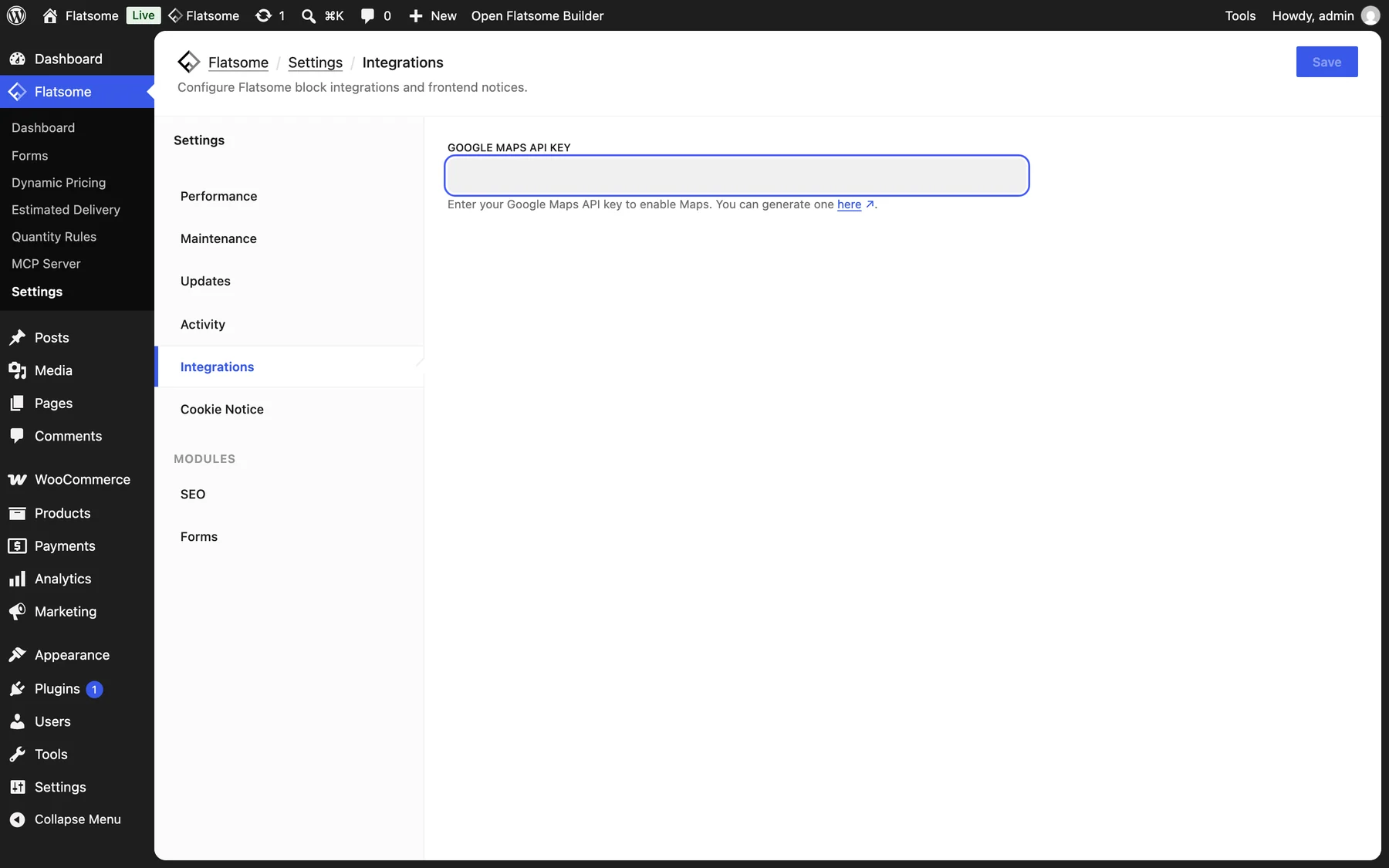 Flatsome Settings, Integrations screen with the empty Google Maps API Key field highlighted