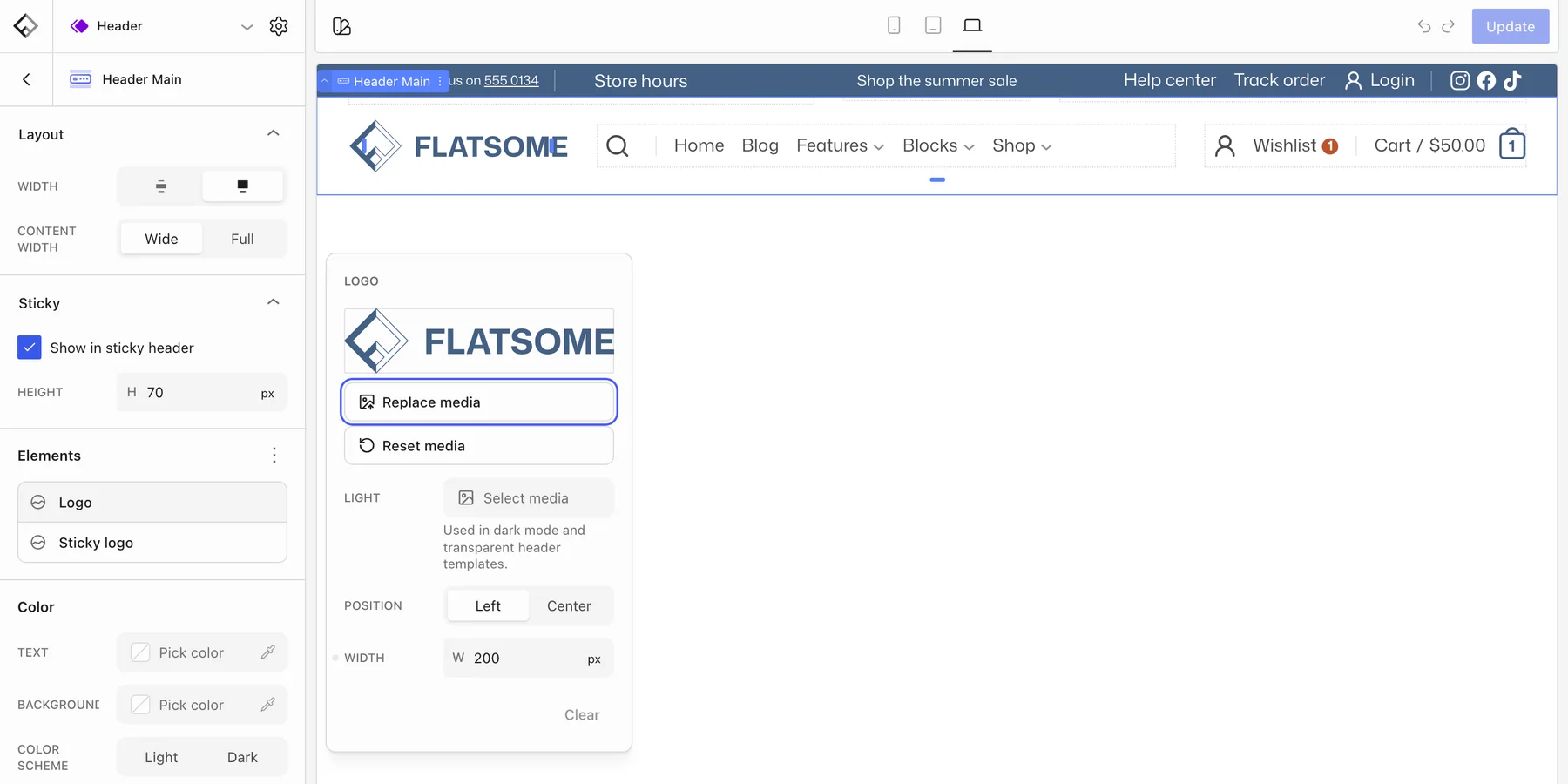 Header Main settings in the Builder with the Logo popover open and the Replace media button highlighted, showing the Light, Position, and Width options