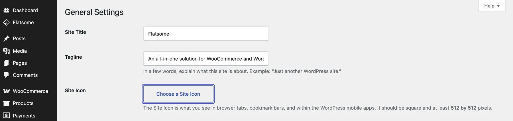 WordPress General Settings with the Choose a Site Icon button highlighted