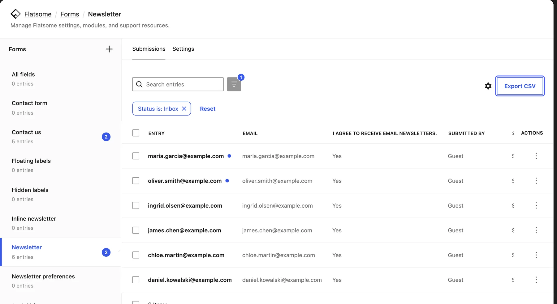 Submissions tab of the Newsletter form listing subscriber emails, with the Export CSV button highlighted