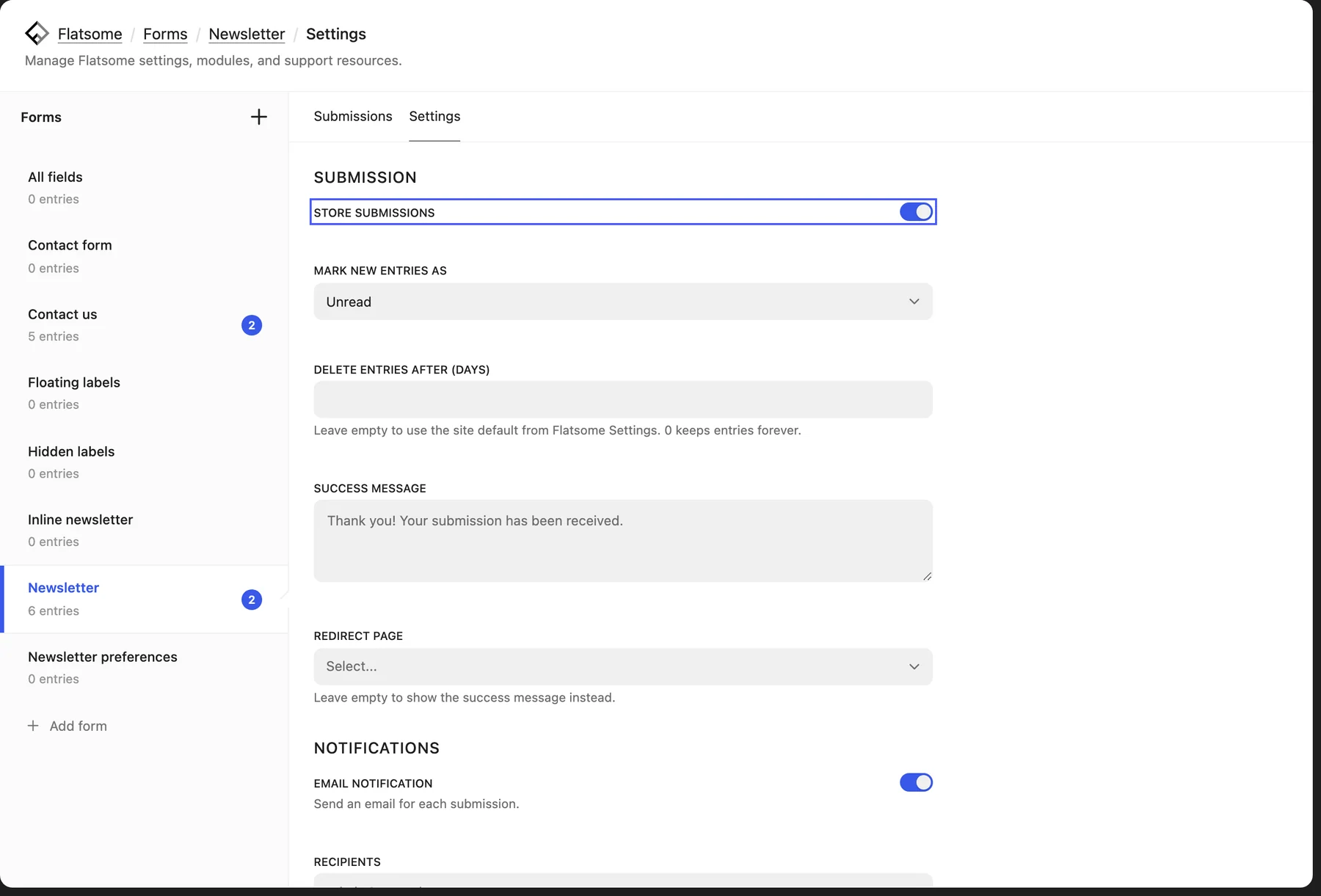 Settings tab of the Newsletter form with the Store submissions switch highlighted