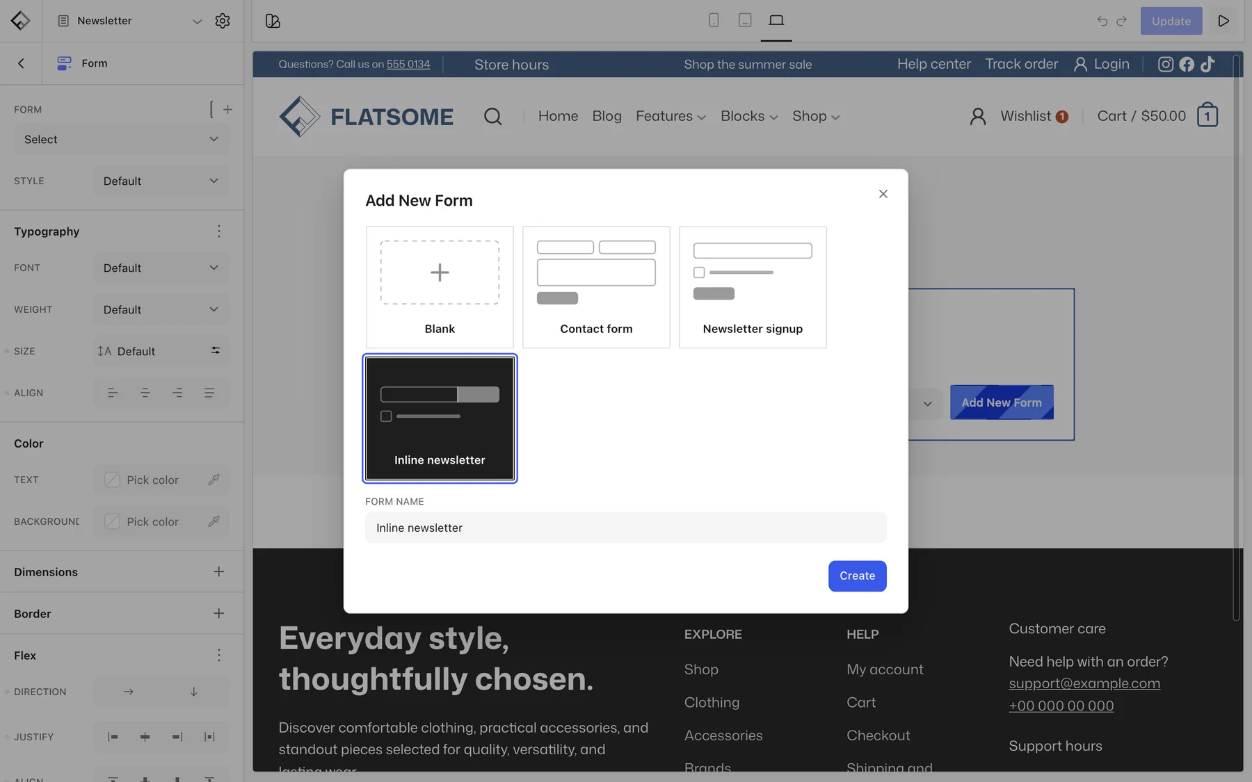 The Add New Form dialog in the Flatsome Builder with the Inline newsletter template selected