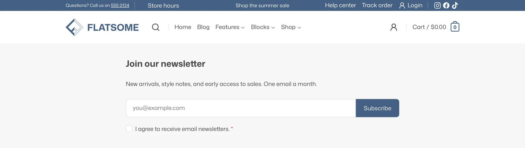 Newsletter signup section on the frontend with an email field, a Subscribe button, and a consent checkbox