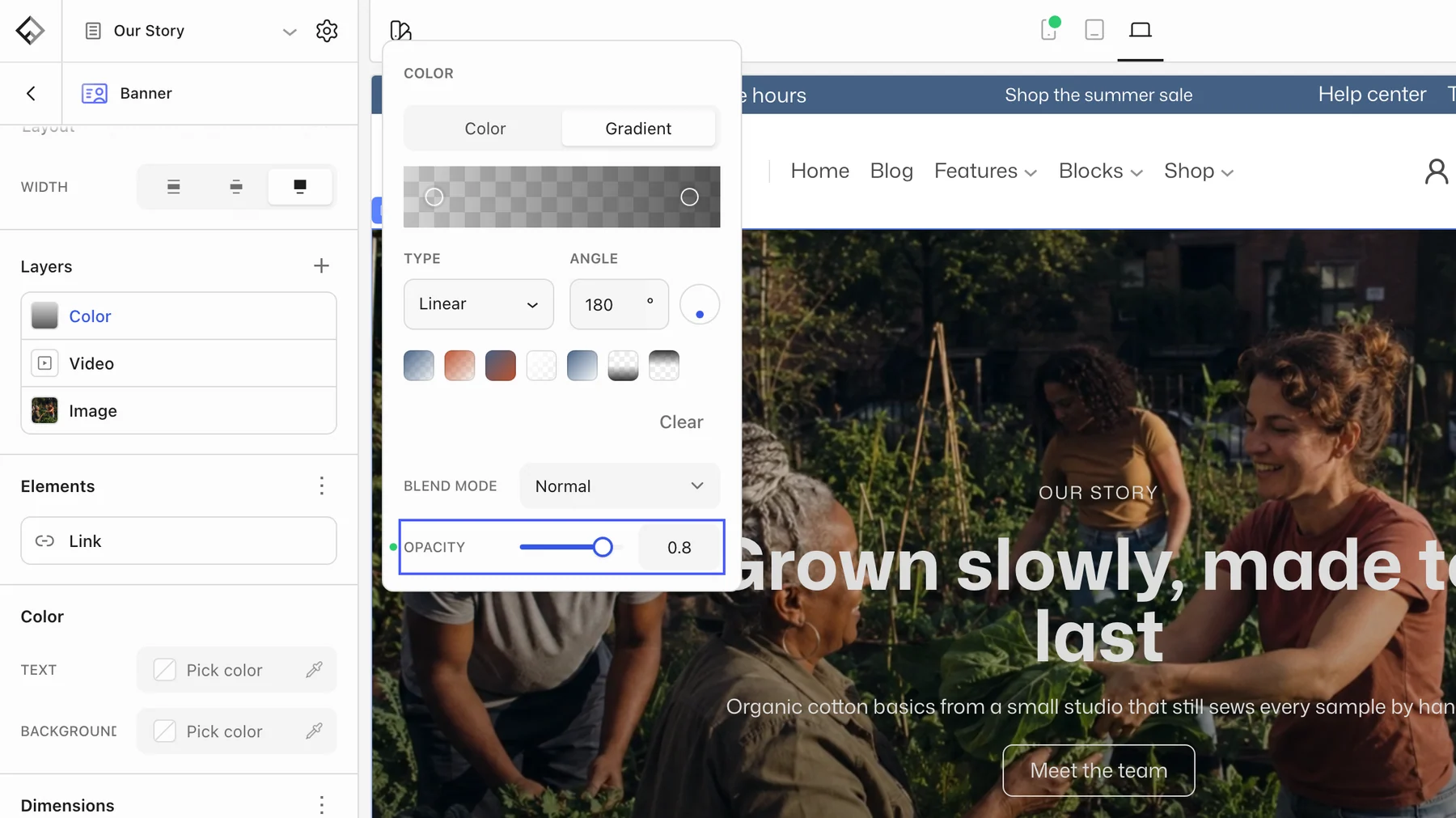 The Color layer options with a dark gradient and the Opacity control, set to 0.8, highlighted. The layer list shows Color above Video above Image