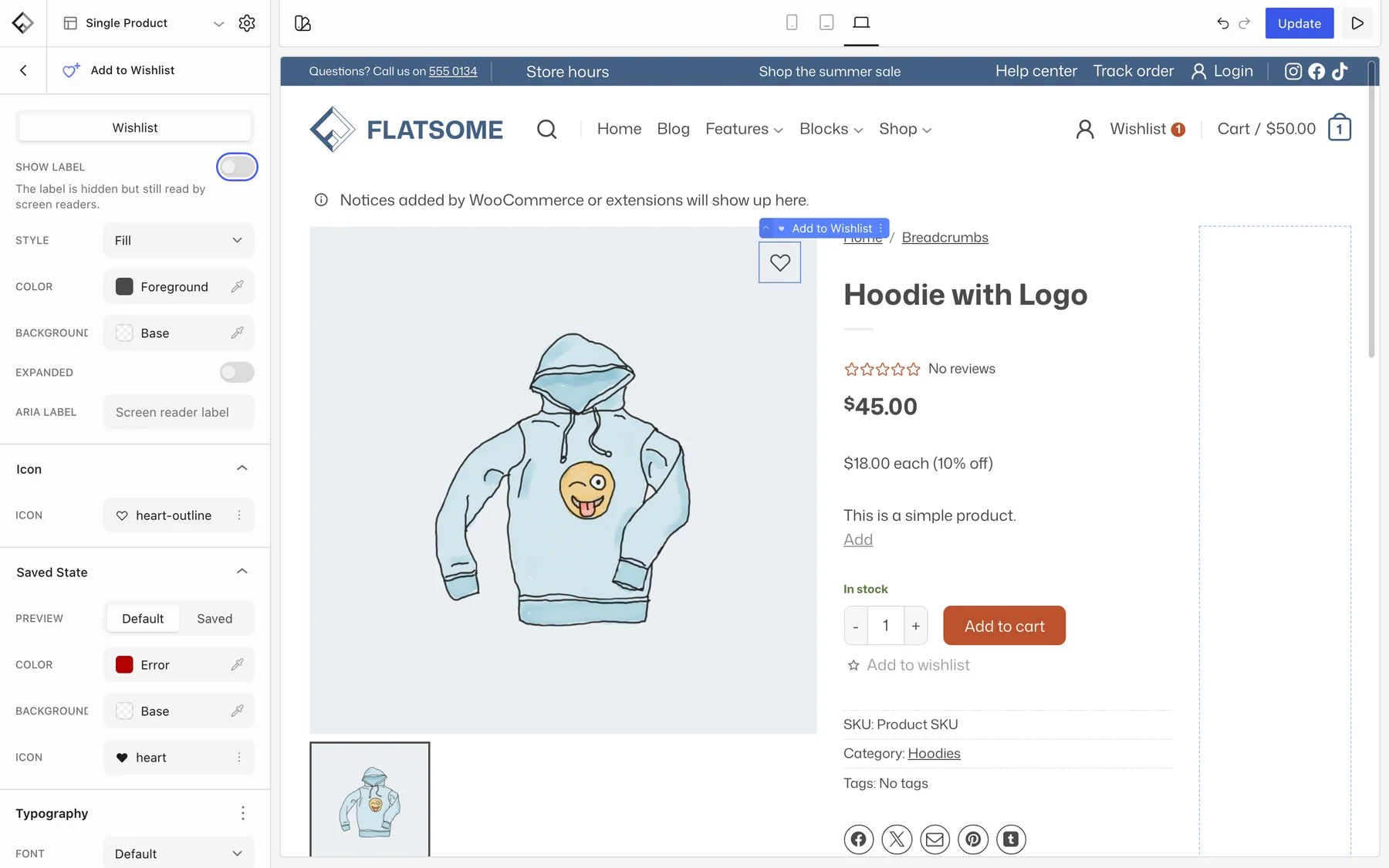 Flatsome Builder editing the Single Product template with the Add to Wishlist heart selected on the product image and the Show label switch highlighted in the sidebar, above the Icon and Saved State panels