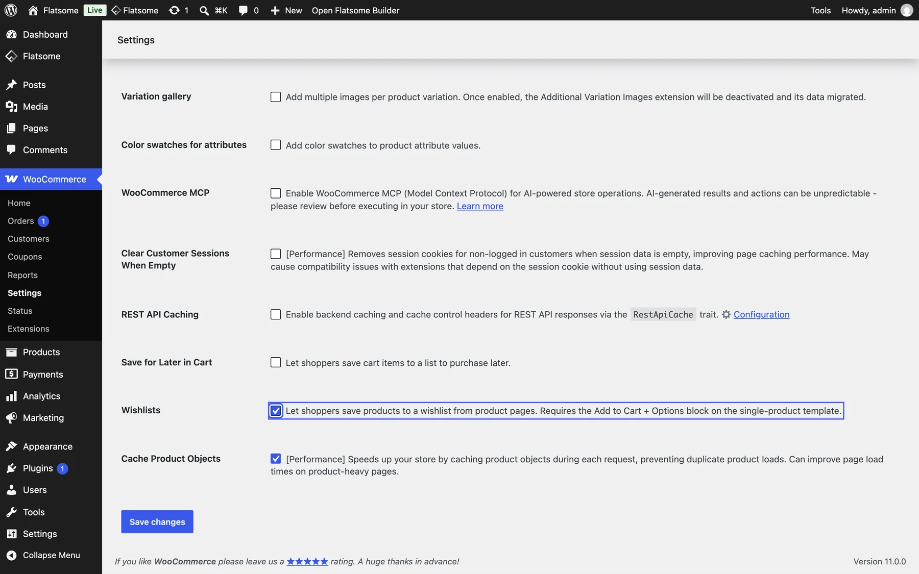 WooCommerce Settings, Advanced, Features, with the Wishlists checkbox highlighted and checked near the Save changes button