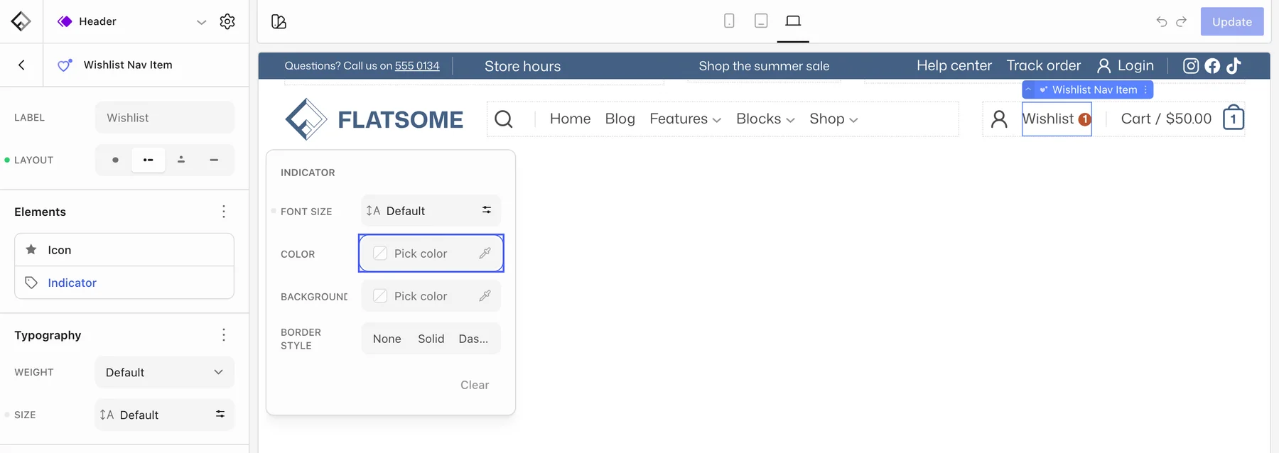 Flatsome Builder editing the Header template part with the Wishlist Nav Item selected and its Indicator settings open, with the Color field highlighted