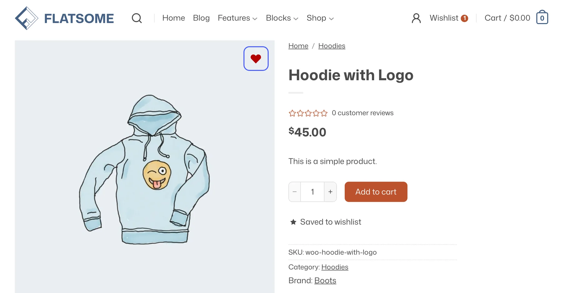 Hoodie with Logo product page for a logged in customer with the saved red heart on the product image highlighted and the header showing Wishlist with a count of 1