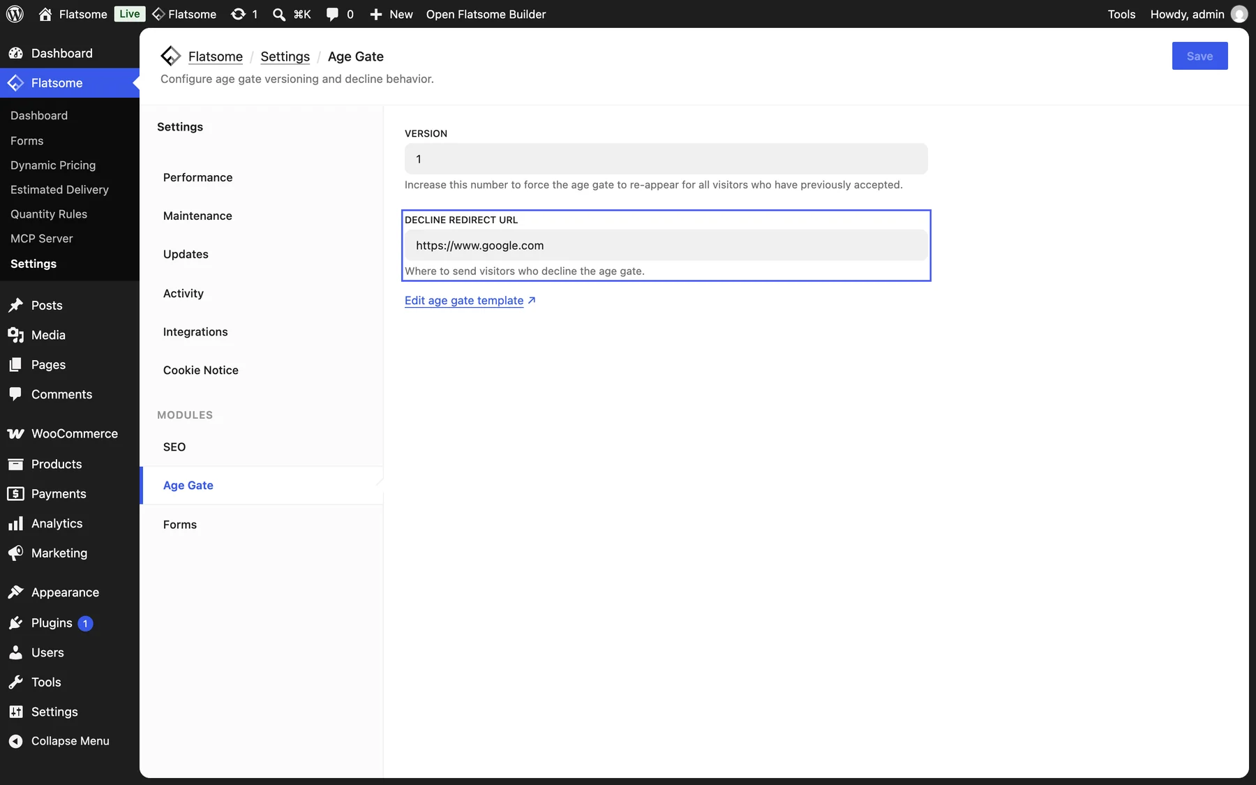 Flatsome Age Gate settings with the Decline redirect URL field highlighted, below the Version field