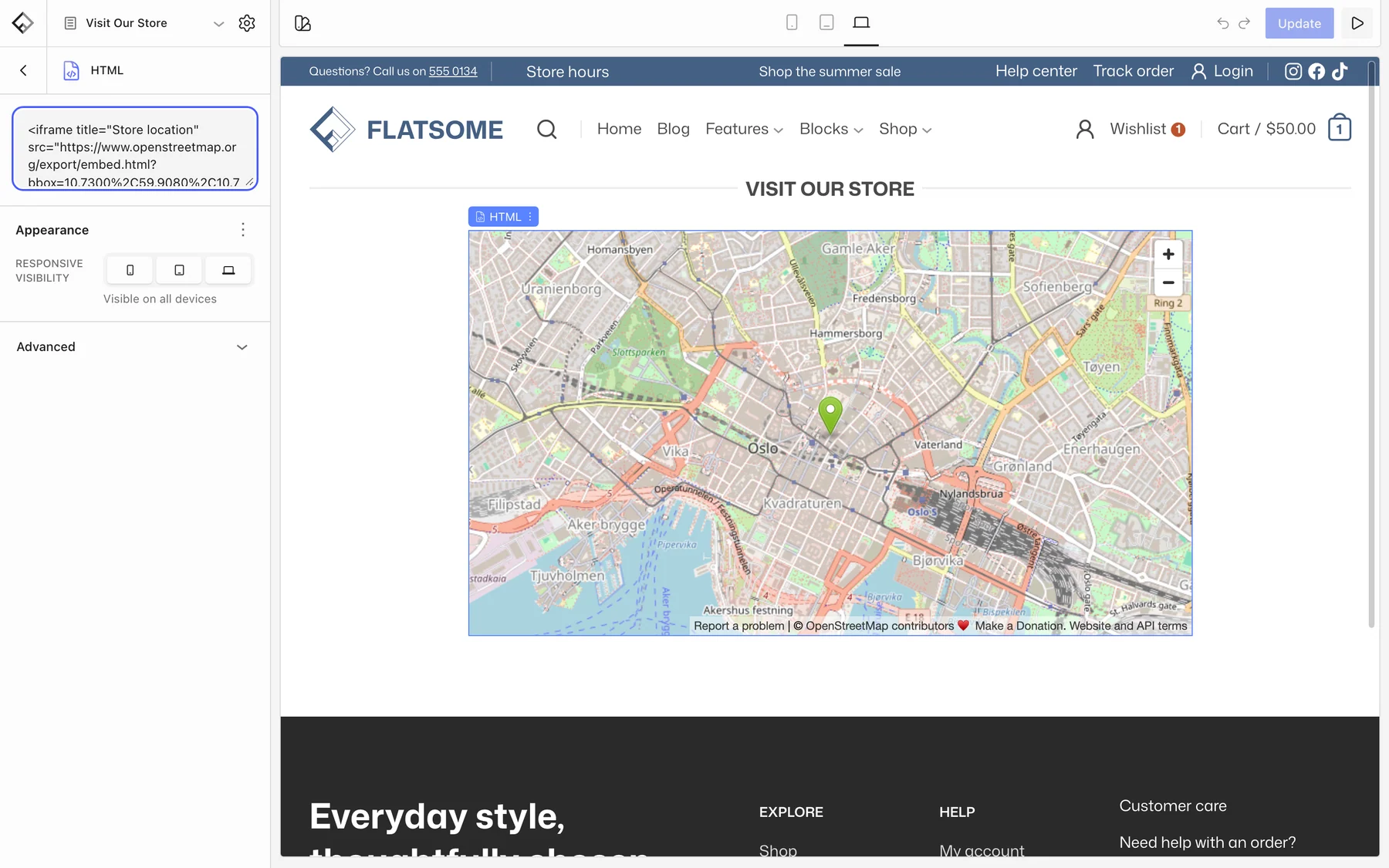 HTML block selected in the Builder with a map iframe pasted into its HTML field and the map shown in the canvas