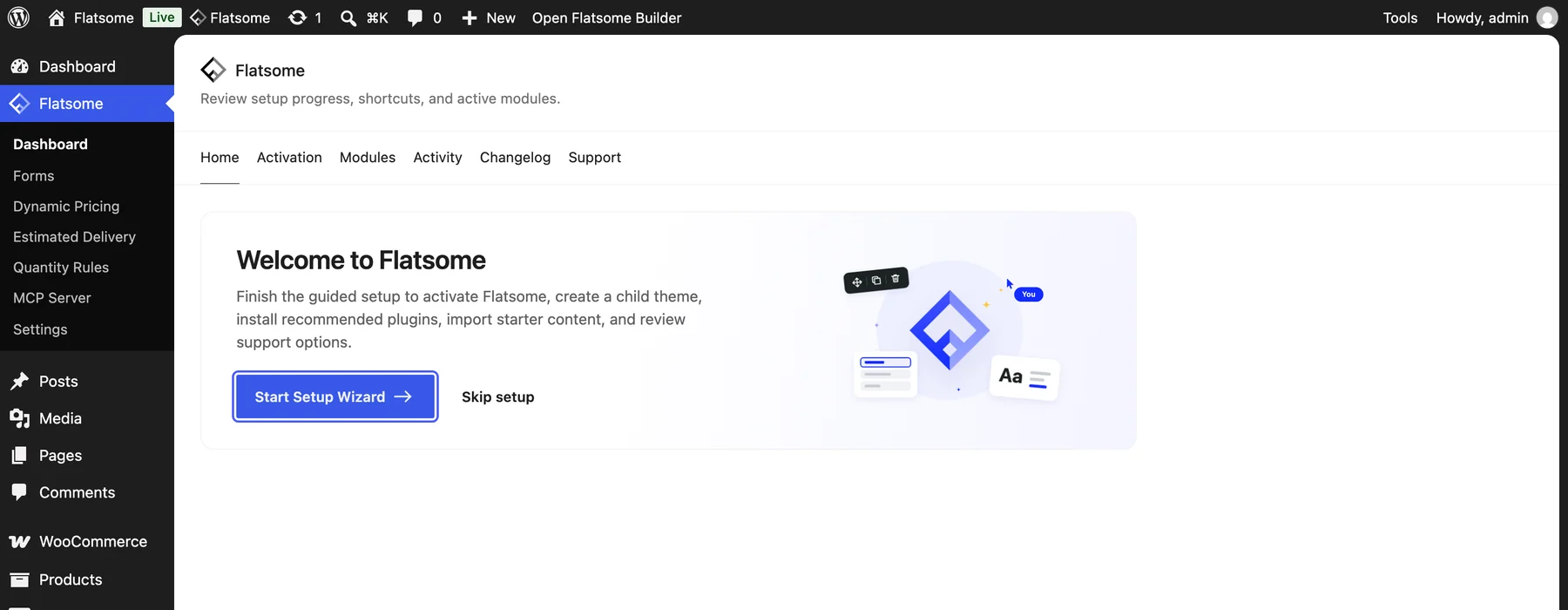 Flatsome Dashboard with the Start Setup Wizard button highlighted