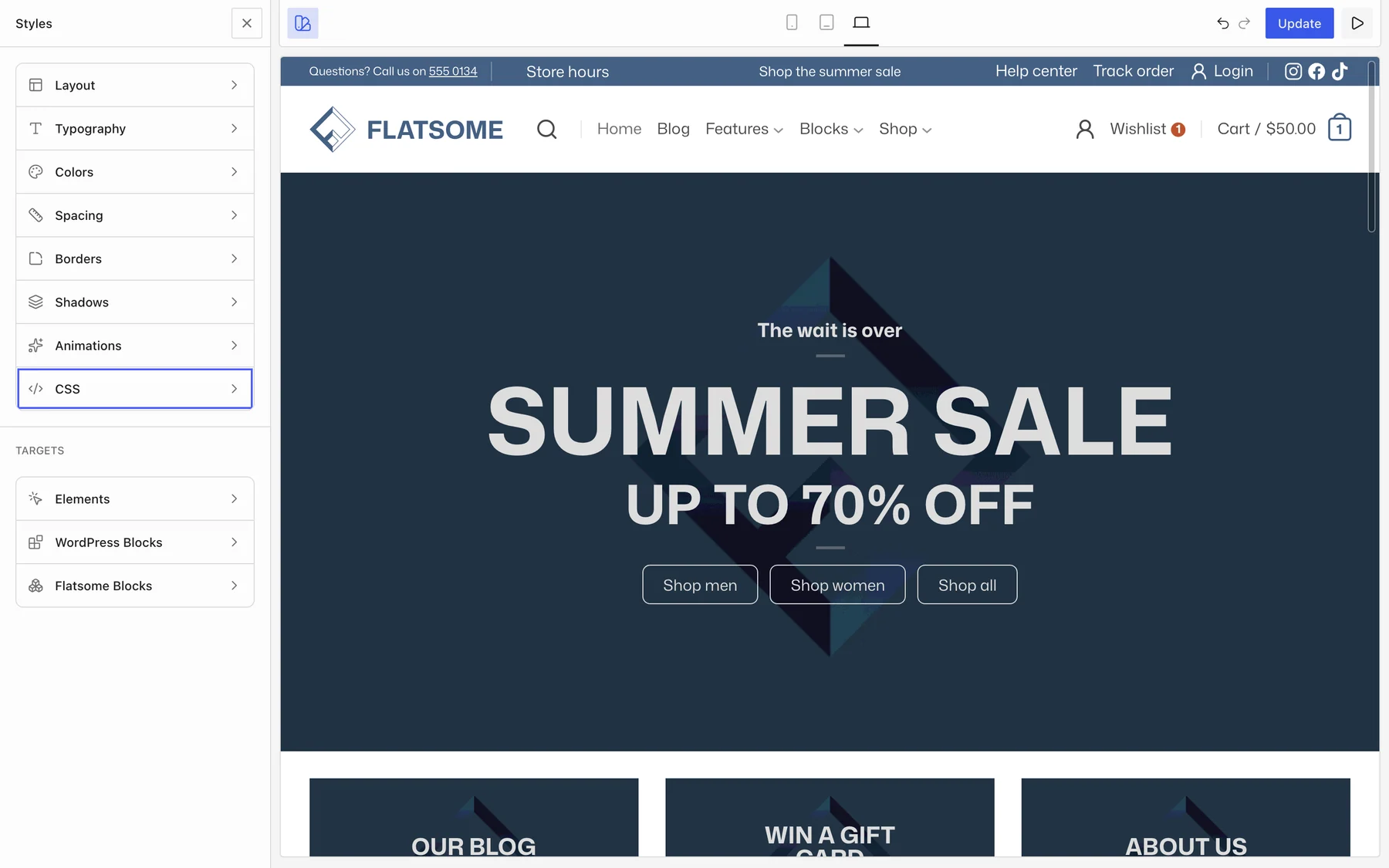 Flatsome Builder with the Styles panel open and CSS highlighted in the list of style screens