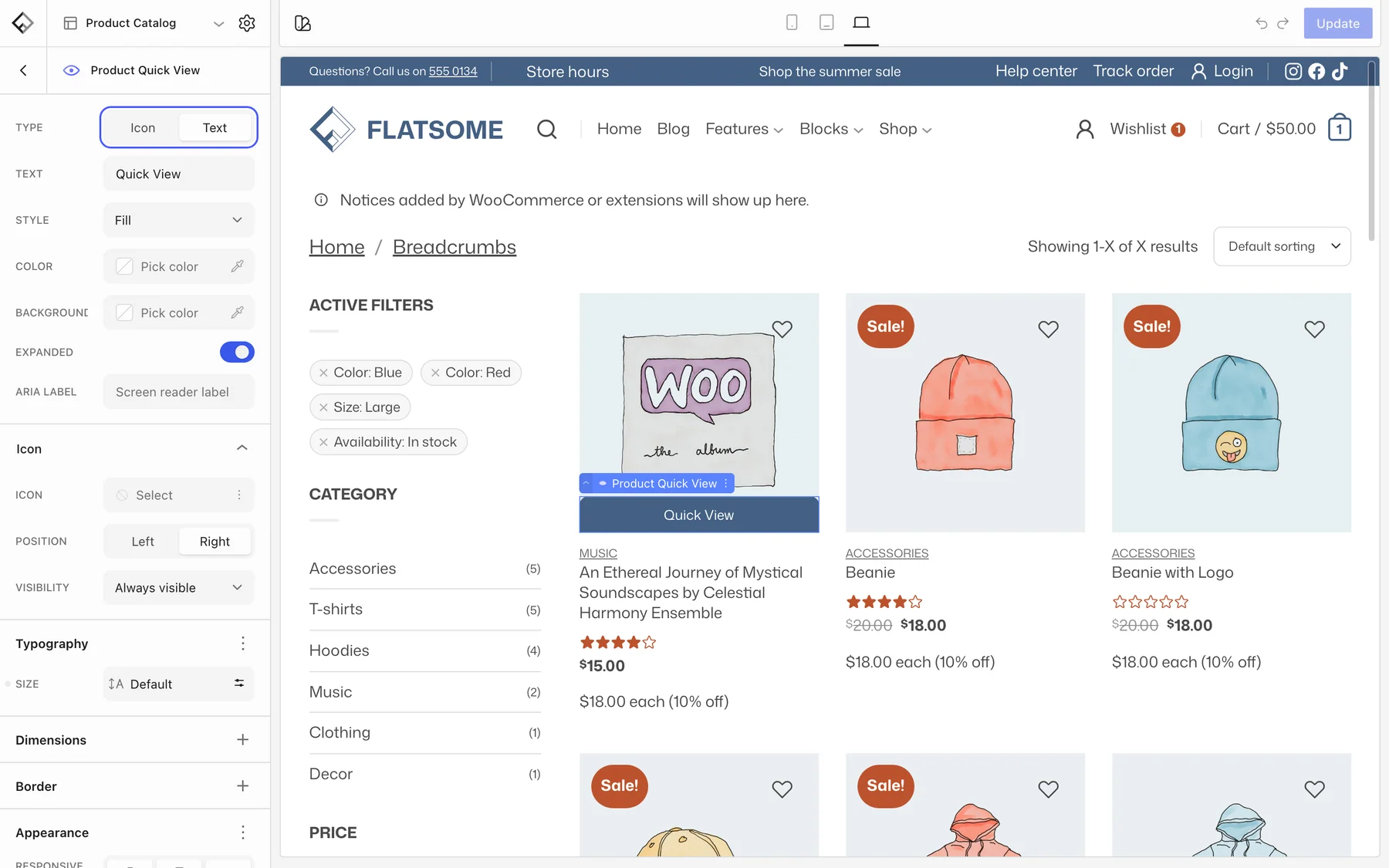 Flatsome Builder editing the Product Catalog template with the Product Quick View block selected and its Type setting, Icon or Text, highlighted