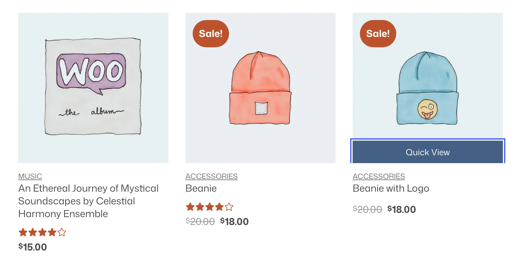Shop page product cards with the Quick View button shown across the bottom of the Beanie with Logo image, highlighted