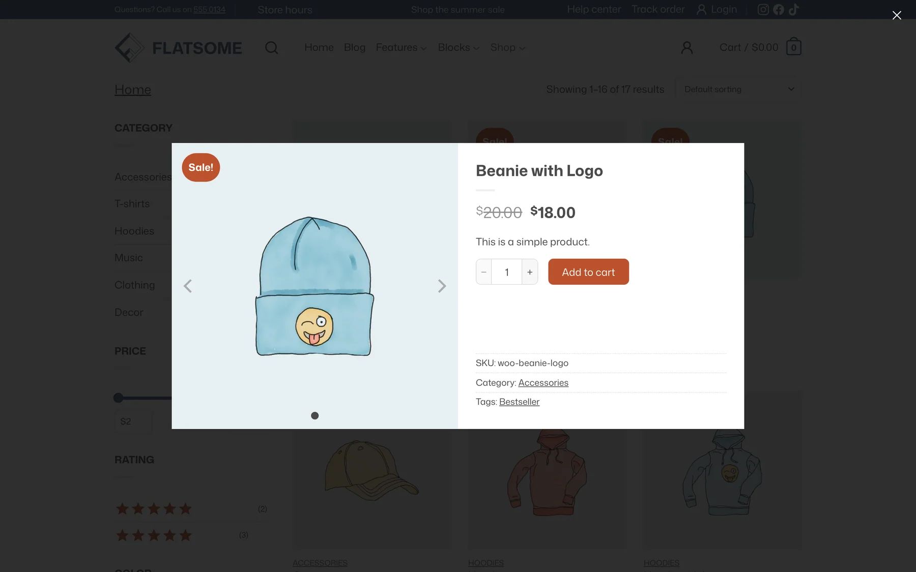 Quick view popup for Beanie with Logo over the shop page, with the image gallery on the left and the title, price, short description, quantity, Add to cart button, and product meta on the right