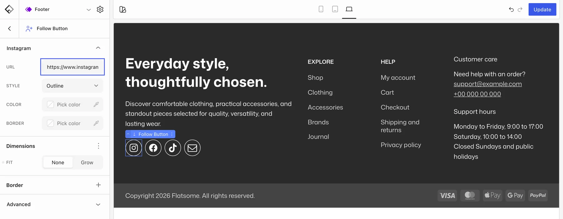 Follow Button settings for Instagram with the URL field highlighted, next to the footer follow icons