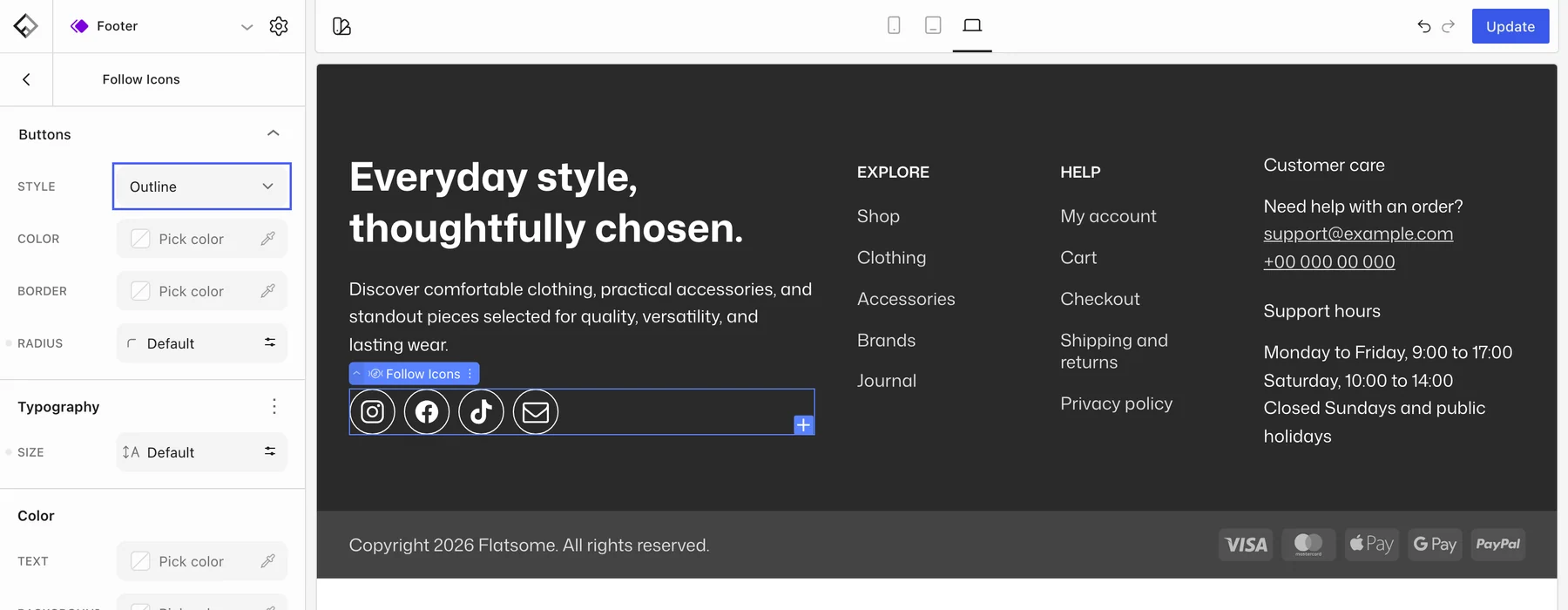 Follow Icons settings with the Buttons Style dropdown highlighted and set to Outline