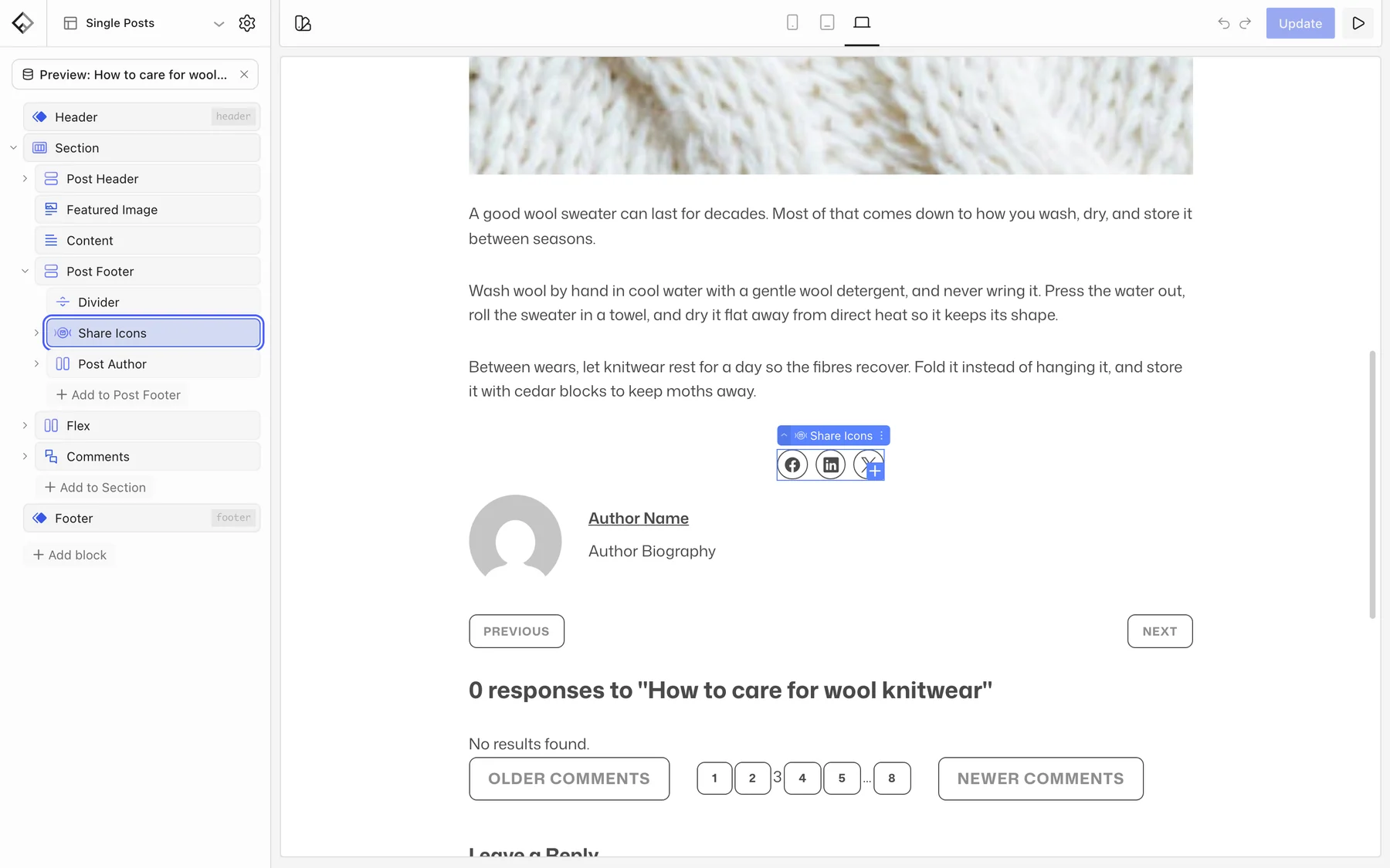 Single Posts template in the Flatsome Builder previewing a blog post, with the Share Icons block highlighted in the block tree and selected below the post content