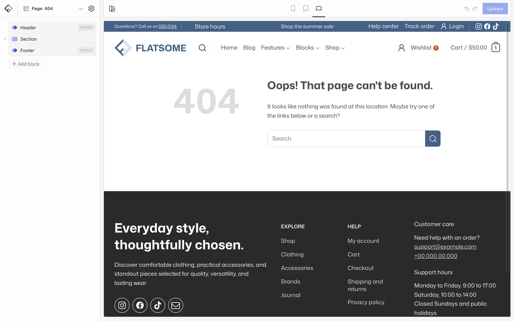 The 404 template open in the Flatsome Builder, showing the header, the Oops heading with a search form, and the footer
