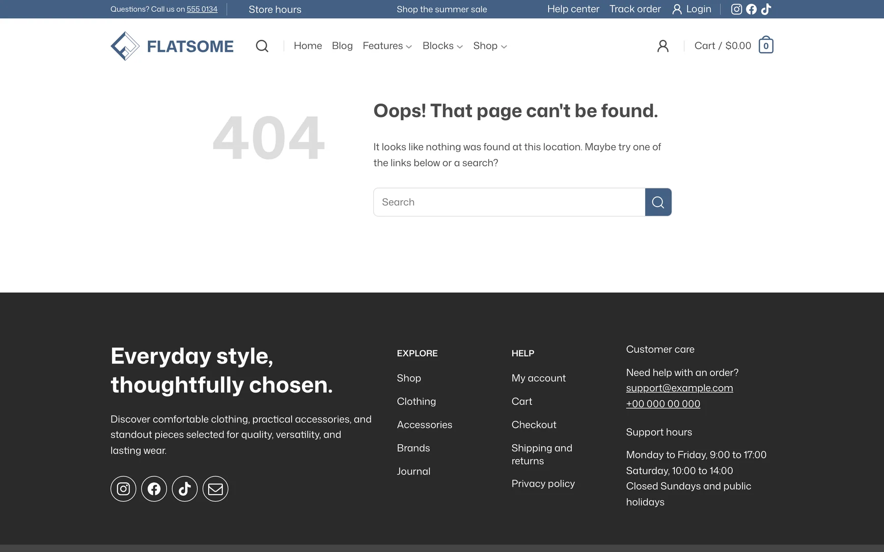 The default 404 page on the storefront with site header, Oops heading, search field, and footer