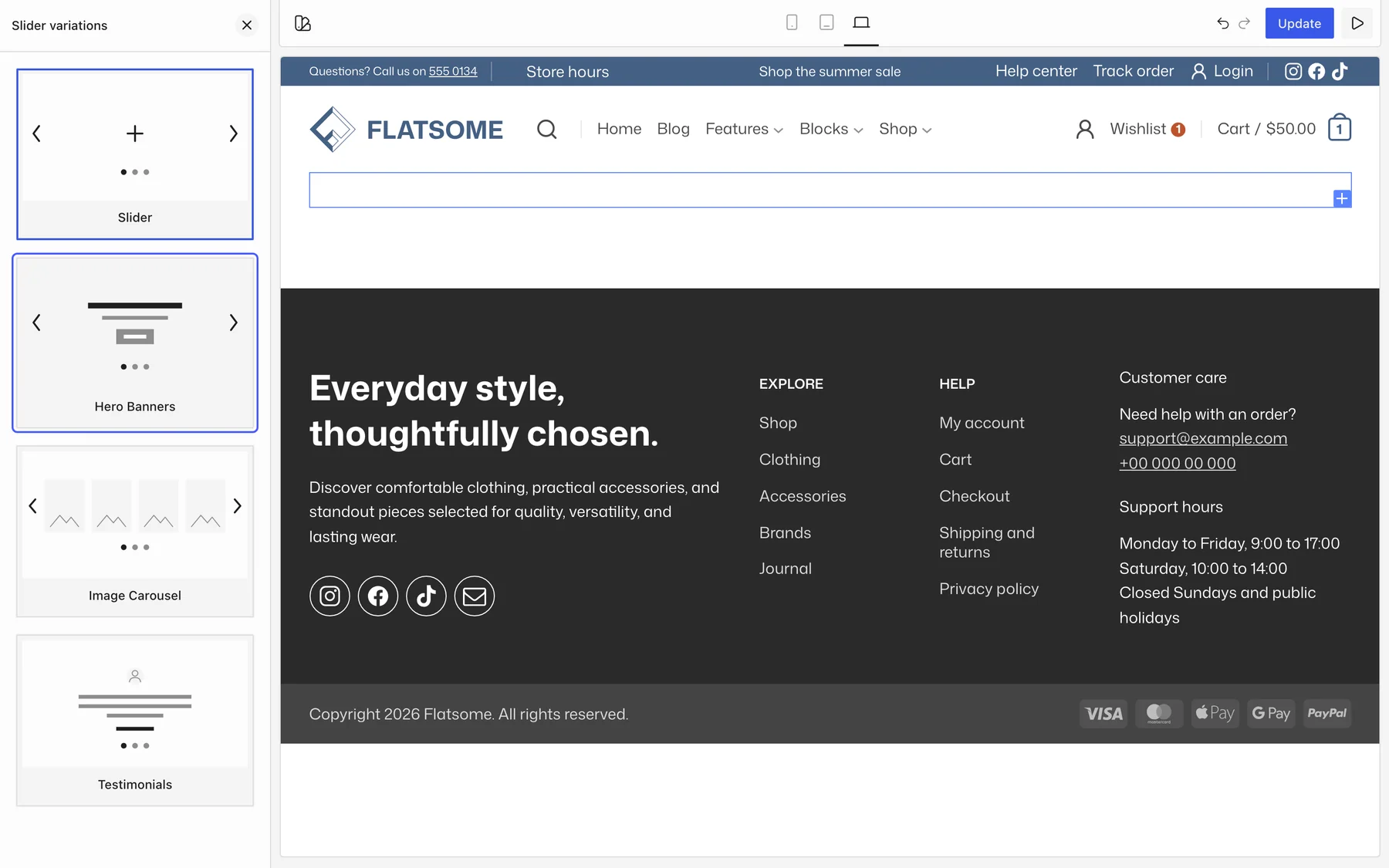 Flatsome Builder with the Slider variations panel open and the Hero Banners option highlighted