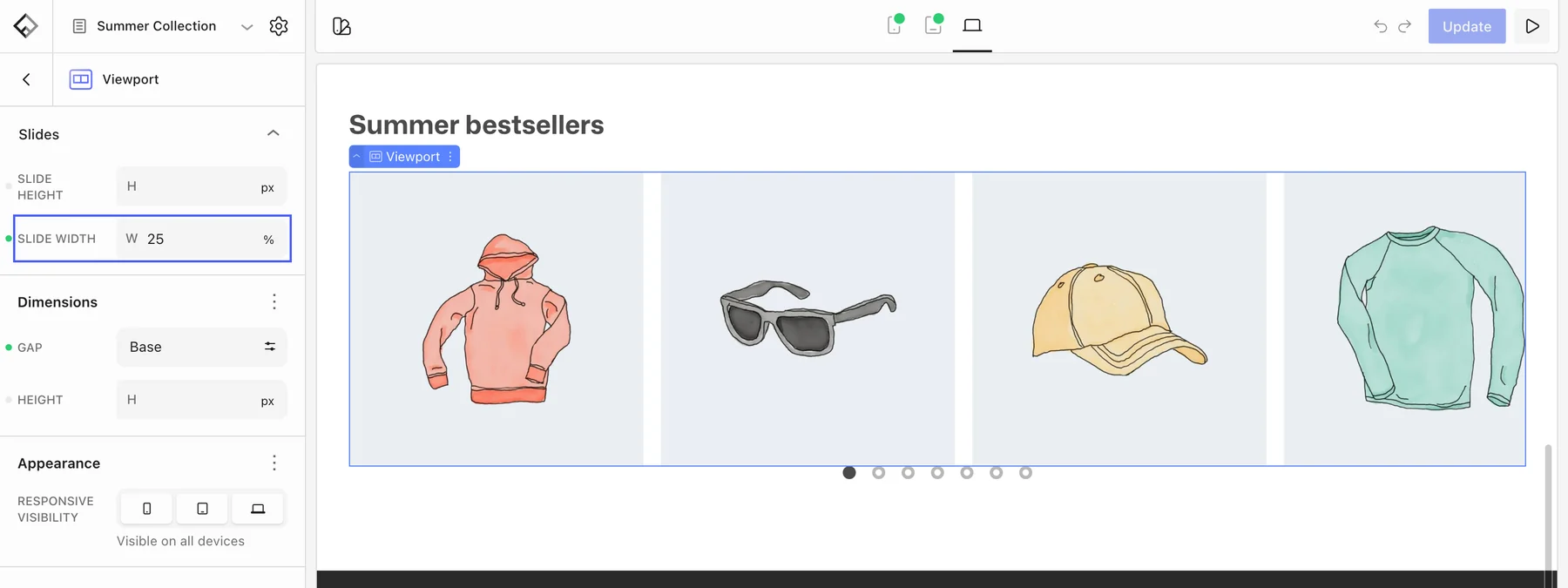 Viewport settings with Slide width set to 25 percent, showing four product images side by side in the carousel