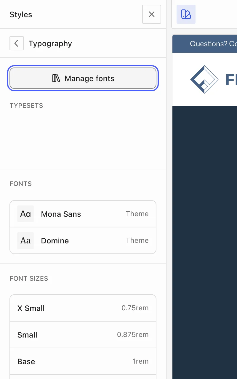 Typography screen with the Manage fonts button highlighted above the Typesets, Fonts, and Font sizes sections